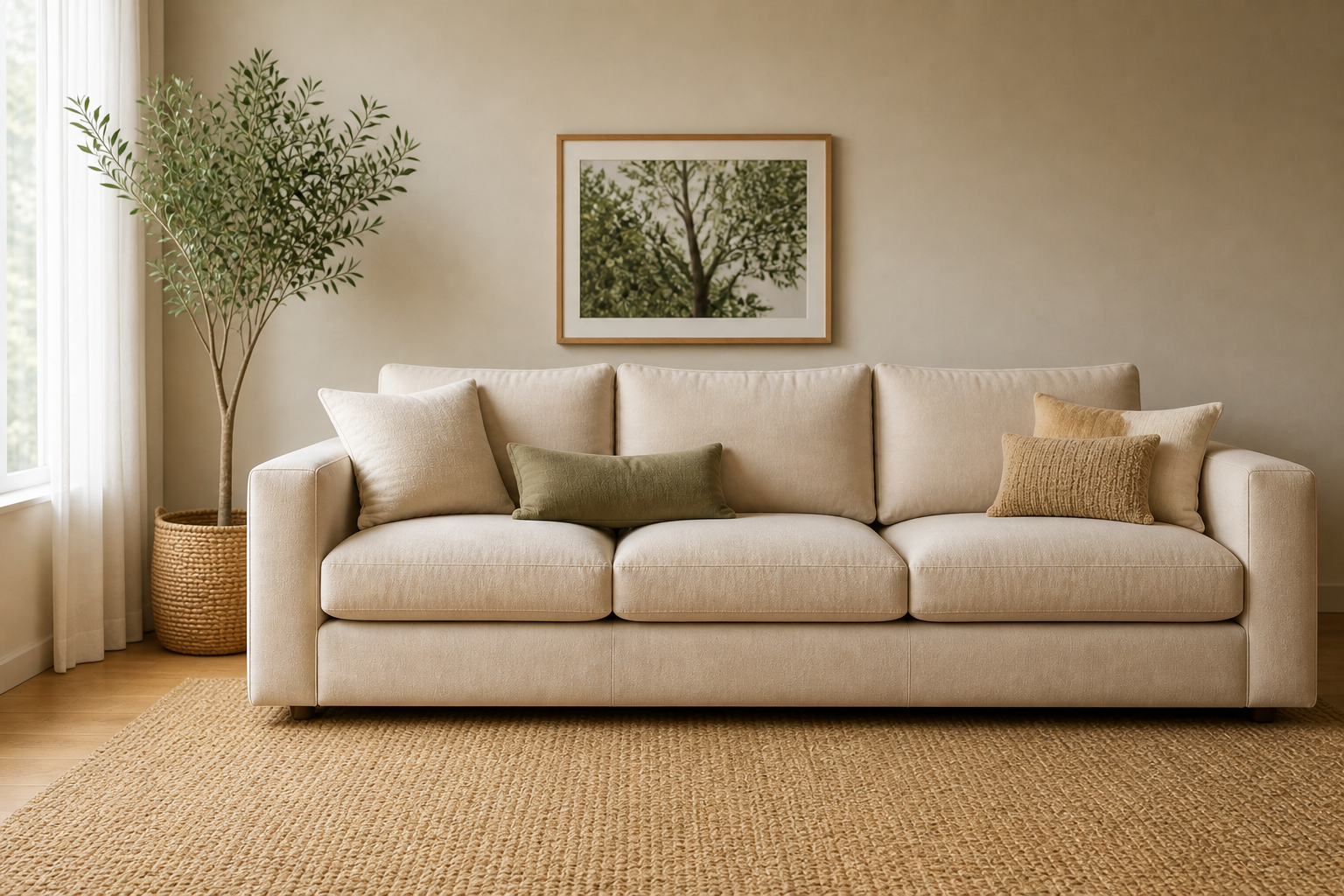Salón minimalista con sofá limpio